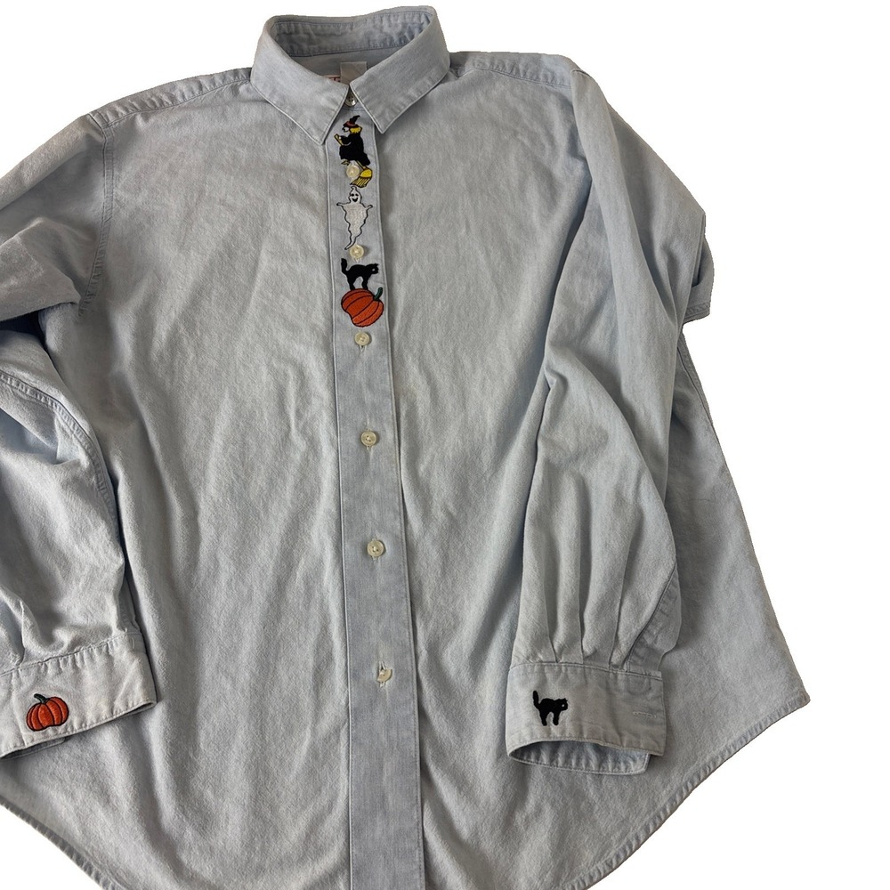 Vintage Talbots Halloween Shirt Womens M Embroidered Denim Button Up FLAWS**